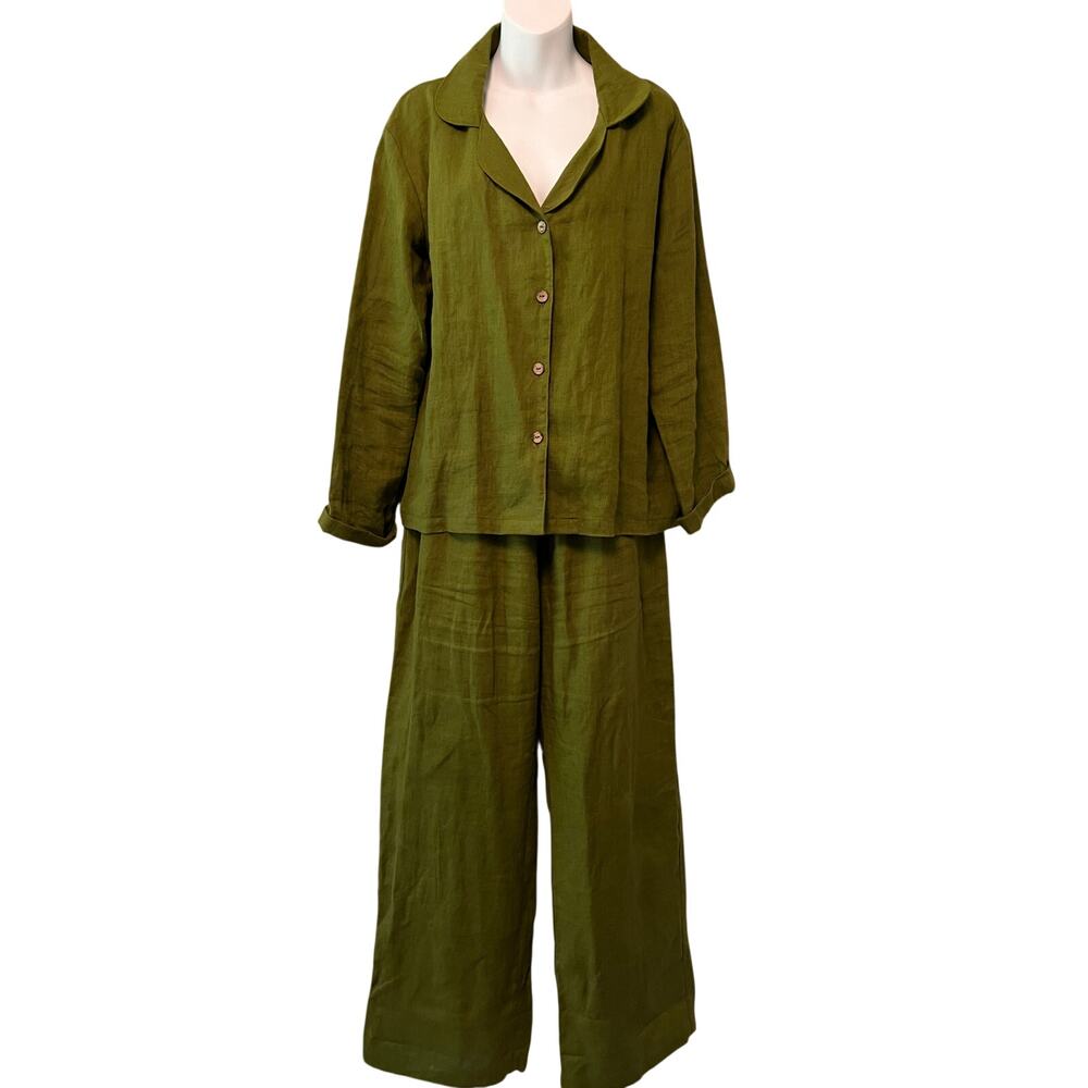 Linen 2-pc blouse pants relax fit loungewear forest green casual logenlook M